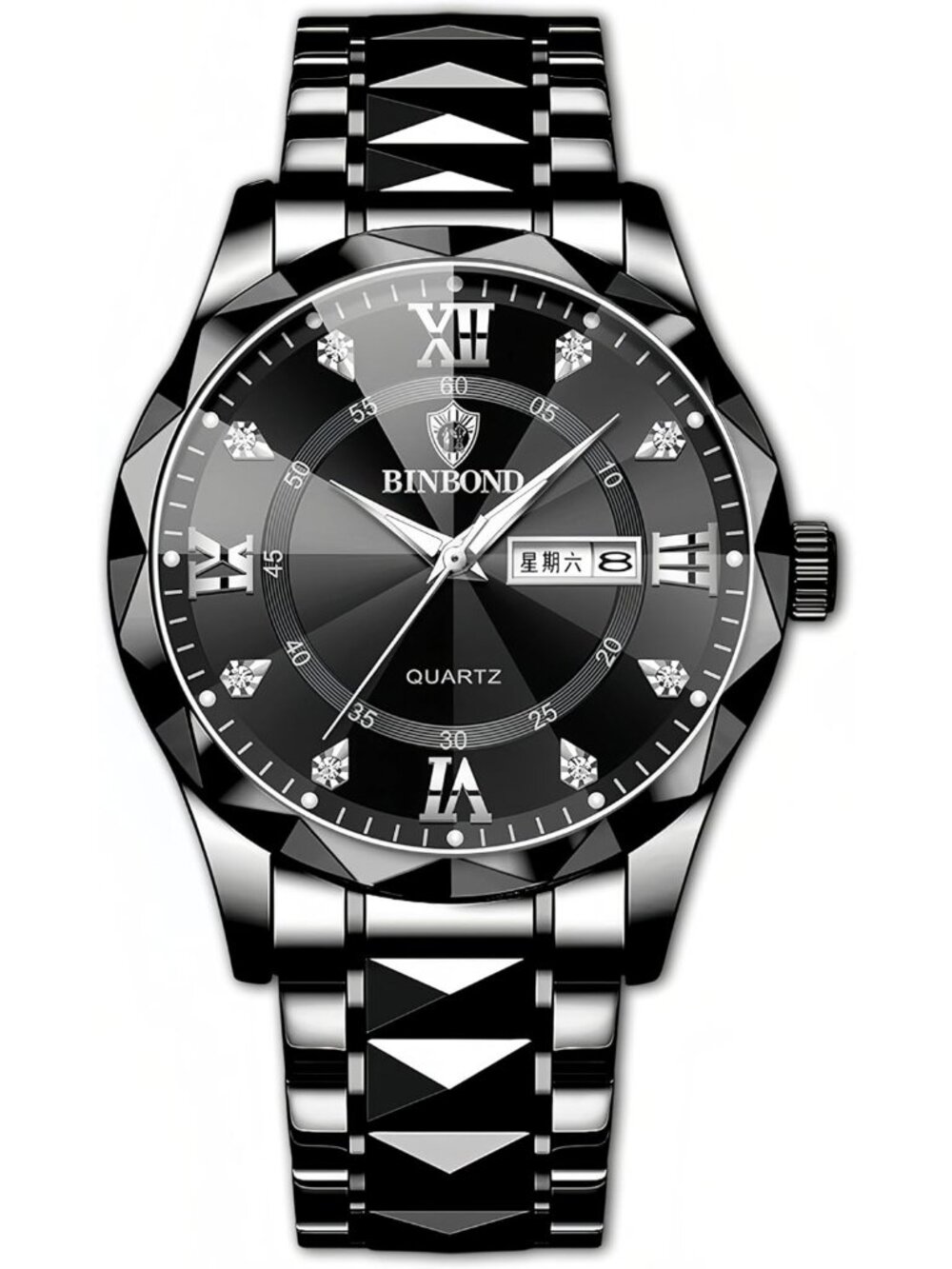 Men's All Black Analog Stainless Steel Roman Numeral Diamond Waterproof Watch